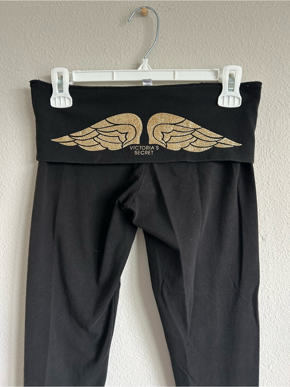 Y2K Victoria's Secret Black Foldover Leggings with Gold Wing Detail